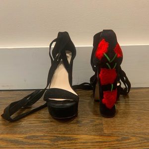 Embroidered Platform Wrap Heels